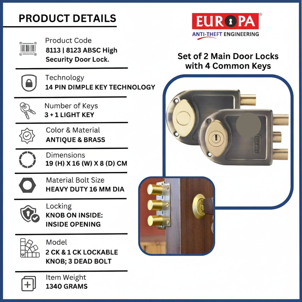 Europa Main Door Lock Model 81238113ABSC Combo Pack Antique Finish