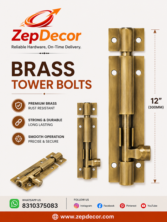 Tower Bolt 12mm Round 12" Brass Material Antique Finish B328A DRT
