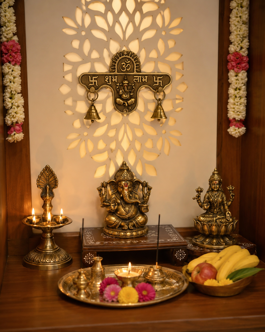 Brass Shubh Labh God Status 176x114mm with Bell(2pcs) Antique Finish PP