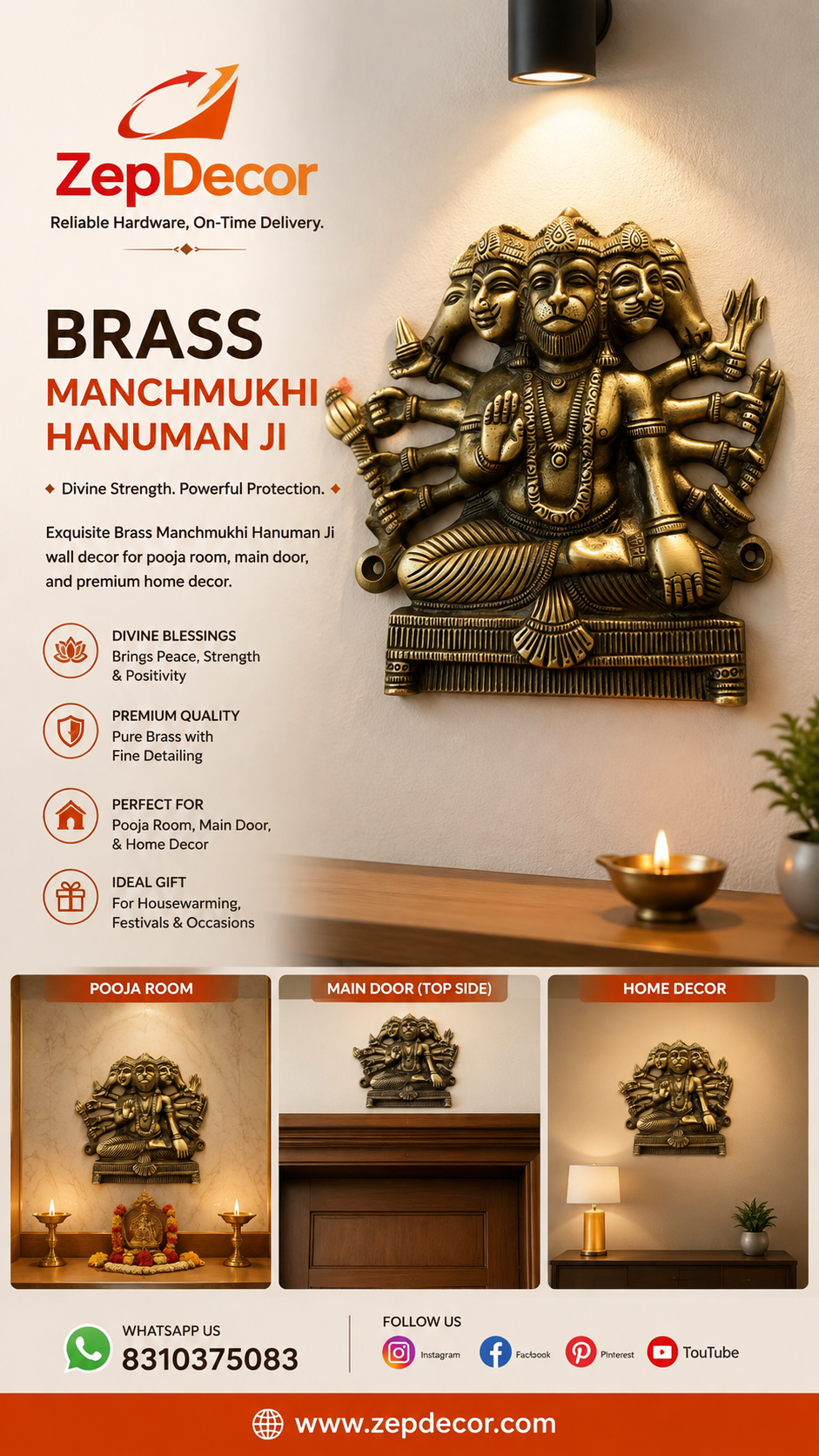 Panch Mukhi Hanuman God Status Brass Material Antique Finish PP