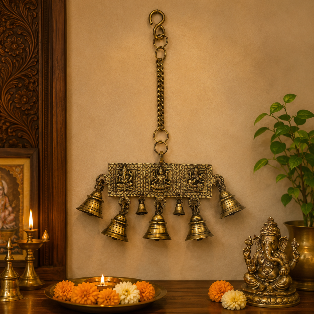 Ganesh Laxmi Saraswati with Bell chain Brass Antique Finish