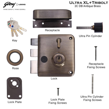 Godrej Main Door Rim Lock Ultra XL+ Tribolt 2C DB Antique Brass Finish Code 6091