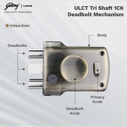 Godrej Main Door Rim Lock ULCT Trio Shaft 1CK LS Antique Finish Code 5123