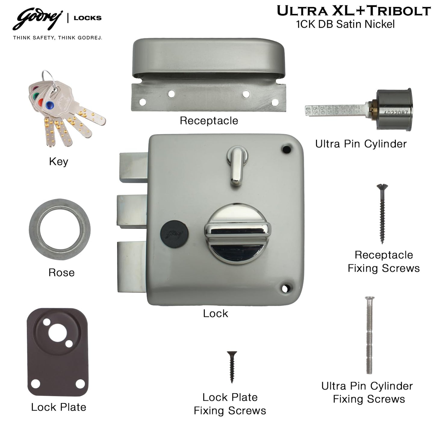 Godrej Main Door Rim Lock Ultra XL+ Tribolt 1CK DB Satin Nickel Finish Code 6088