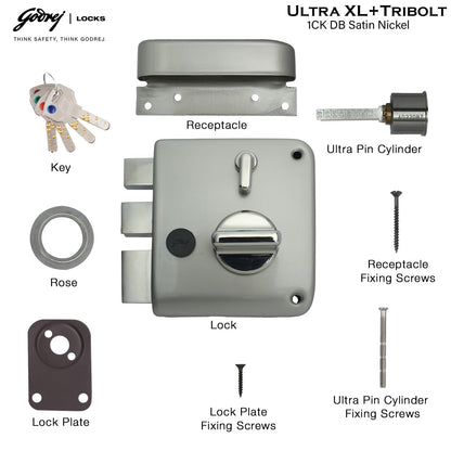Godrej Main Door Rim Lock Ultra XL+ Tribolt 1CK DB Satin Nickel Finish Code 6088