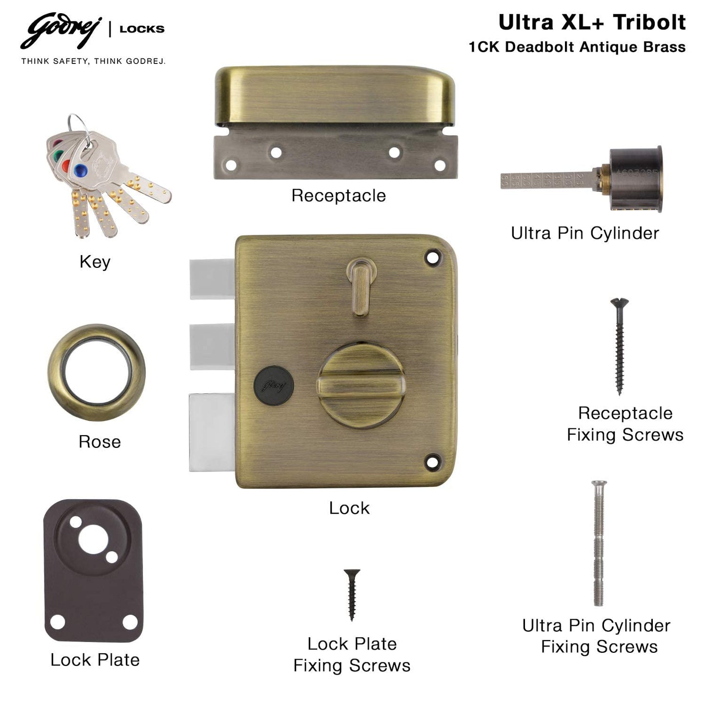 Godrej Main Door Rim Lock Ultra XL+ Tribolt 1CK DB Antique Brass Finish Code 6089