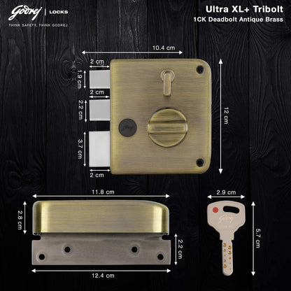 Godrej Main Door Rim Lock Ultra XL+ Tribolt 1CK DB Antique Brass Finish Code 6089