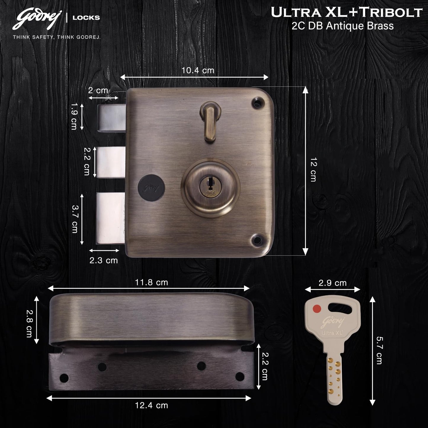 Godrej Main Door Rim Lock Ultra XL+ Tribolt 2C DB Antique Brass Finish Code 6091