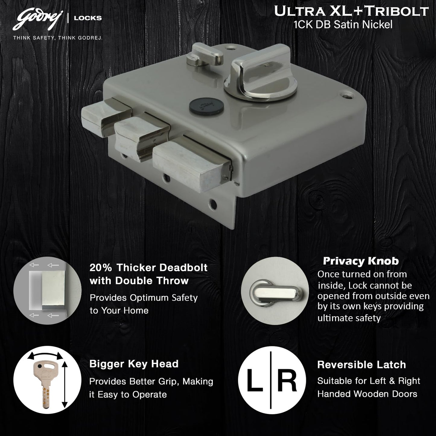 Godrej Main Door Rim Lock Ultra XL+ Tribolt 1CK DB Satin Nickel Finish Code 6088