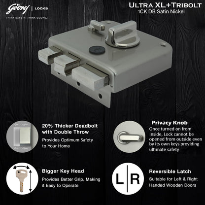 Godrej Main Door Rim Lock Ultra XL+ Tribolt 1CK DB Satin Nickel Finish Code 6088