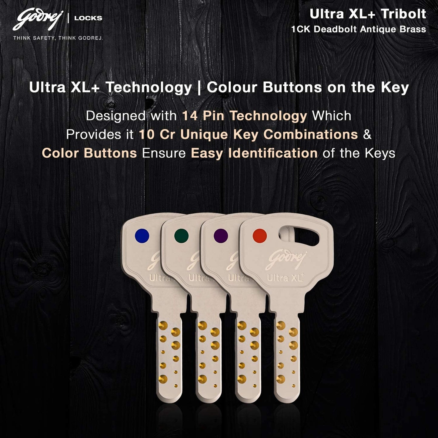 Godrej Main Door Rim Lock Ultra XL+ Tribolt 1CK DB Antique Brass Finish Code 6089