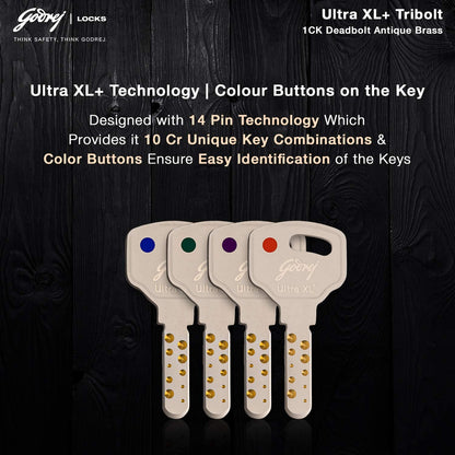 Godrej Main Door Rim Lock Ultra XL+ Tribolt 1CK DB Antique Brass Finish Code 6089
