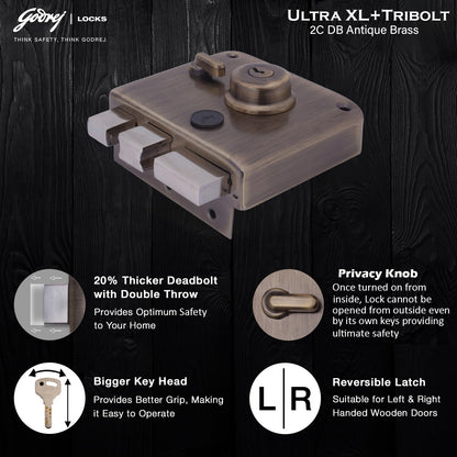 Godrej Main Door Rim Lock Ultra XL+ Tribolt 2C DB Antique Brass Finish Code 6091