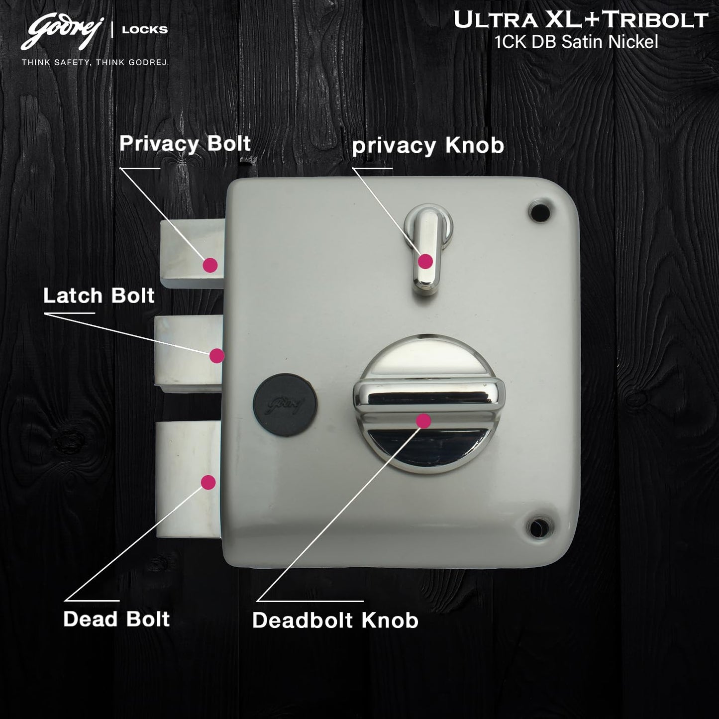 Godrej Main Door Rim Lock Ultra XL+ Tribolt 1CK DB Satin Nickel Finish Code 6088