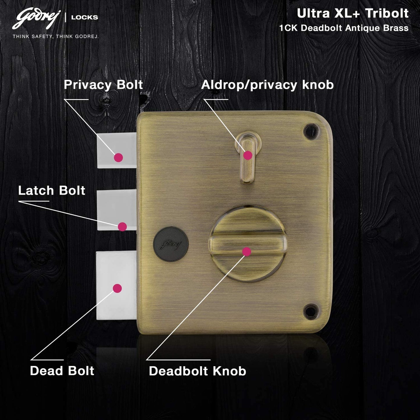 Godrej Main Door Rim Lock Ultra XL+ Tribolt 1CK DB Antique Brass Finish Code 6089