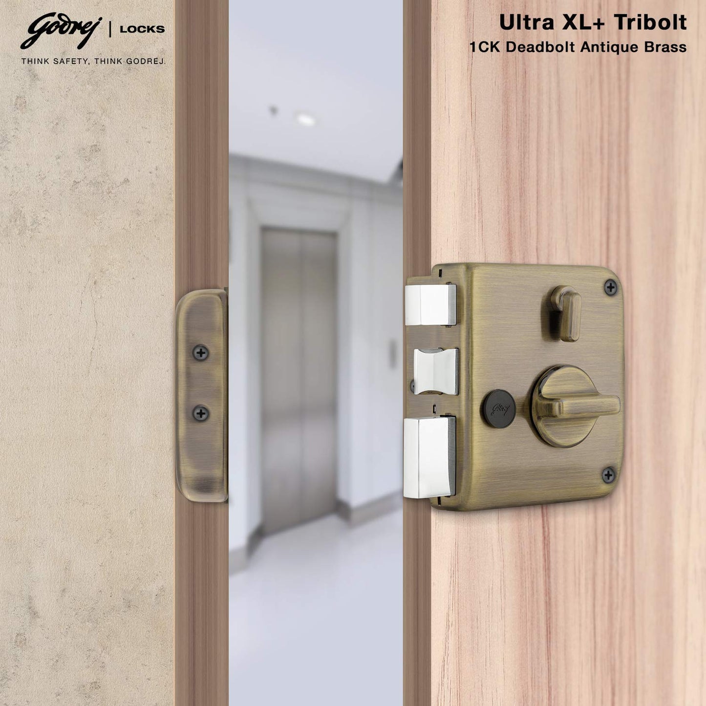 Godrej Main Door Rim Lock Ultra XL+ Tribolt 1CK DB Antique Brass Finish Code 6089