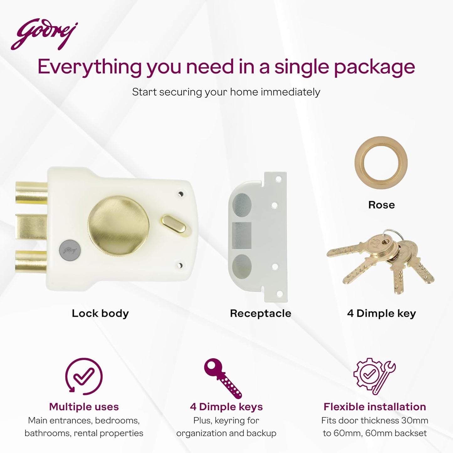 Godrej Main Door Rim Lock Trishaft 1CK Deadbolt Cool Ivory Finish Code 9148