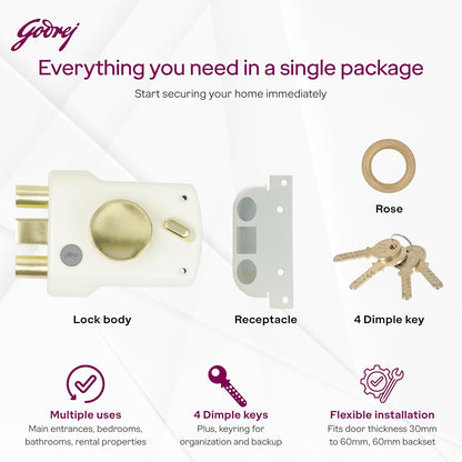 Godrej Main Door Rim Lock Trishaft 1CK Deadbolt Cool Ivory Finish Code 9148