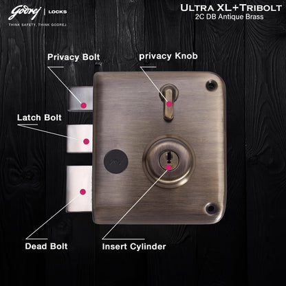 Godrej Main Door Rim Lock Ultra XL+ Tribolt 2C DB Antique Brass Finish Code 6091