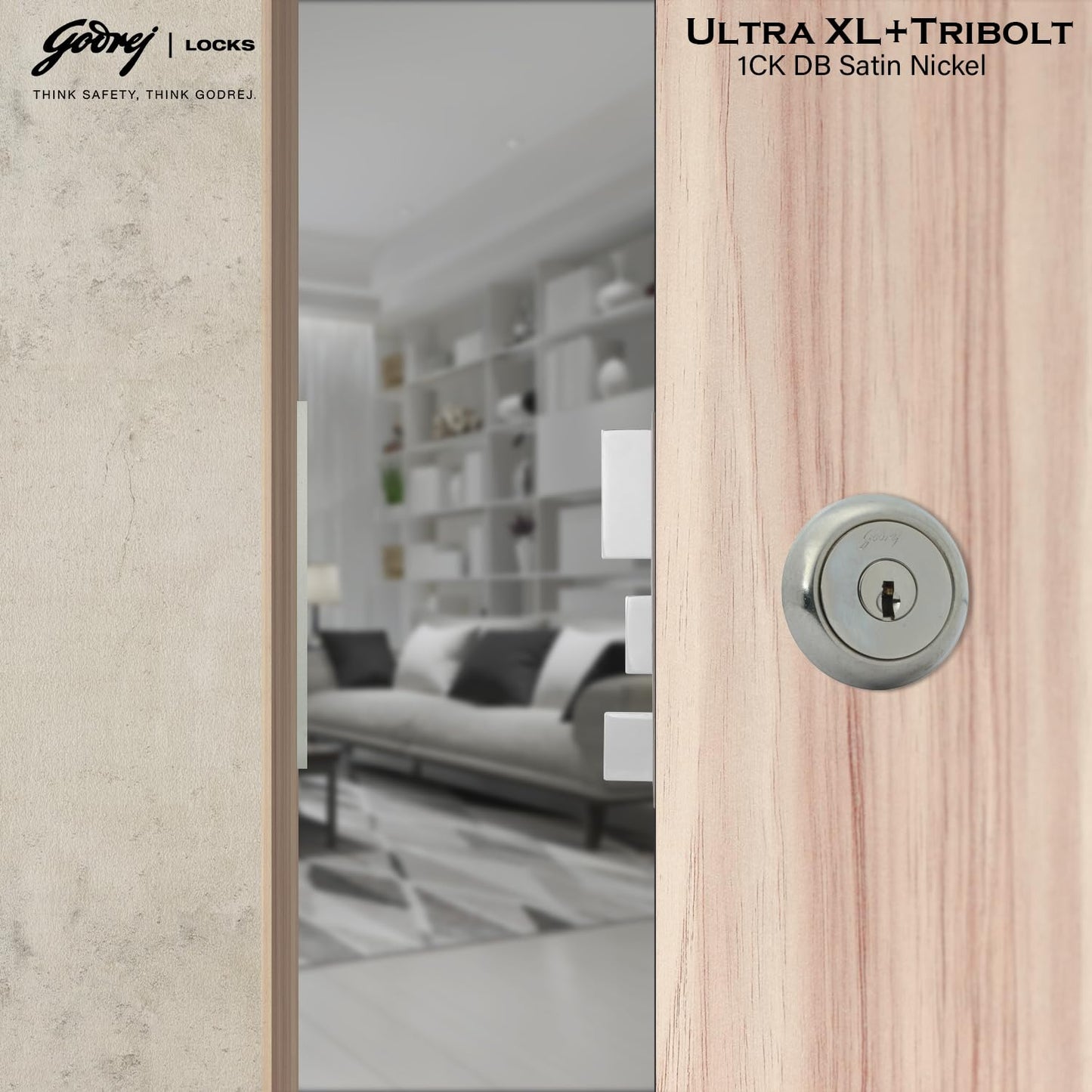 Godrej Main Door Rim Lock Ultra XL+ Tribolt 1CK DB Satin Nickel Finish Code 6088