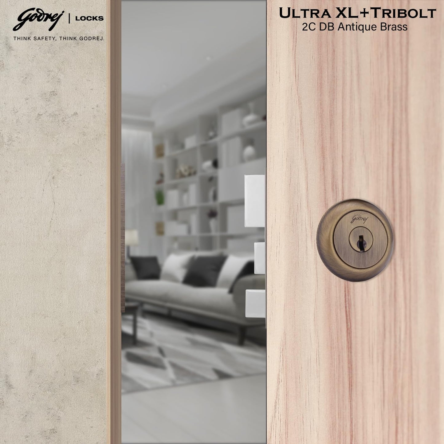 Godrej Main Door Rim Lock Ultra XL+ Tribolt 2C DB Antique Brass Finish Code 6091