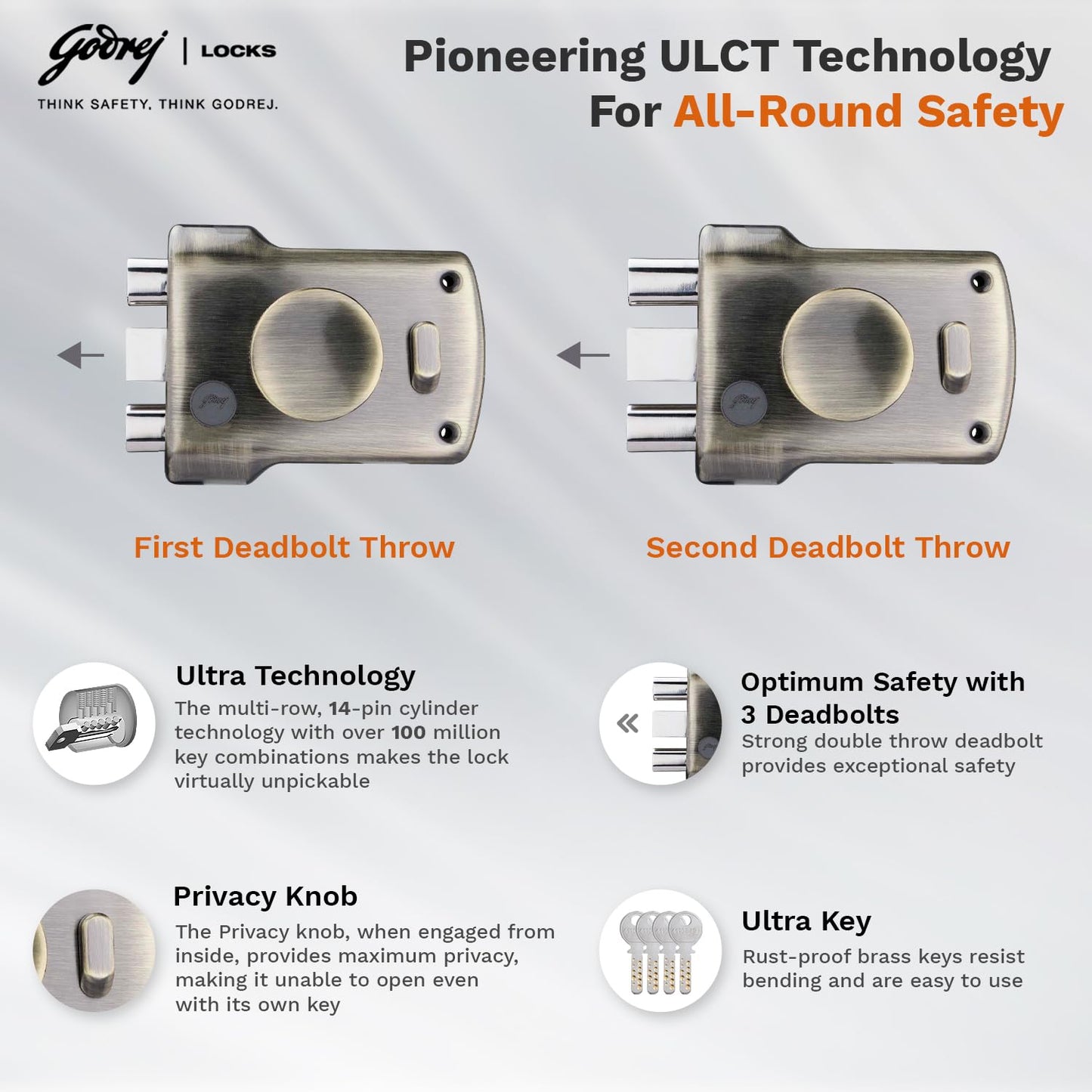 Godrej Main Door Rim Lock ULCT Trio Shaft 1CK LS Antique Finish Code 5123