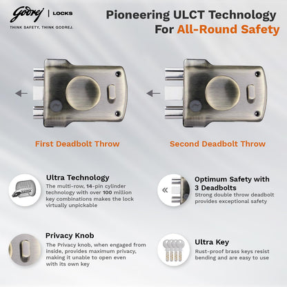 Godrej Main Door Rim Lock ULCT Trio Shaft 1CK LS Antique Finish Code 5123