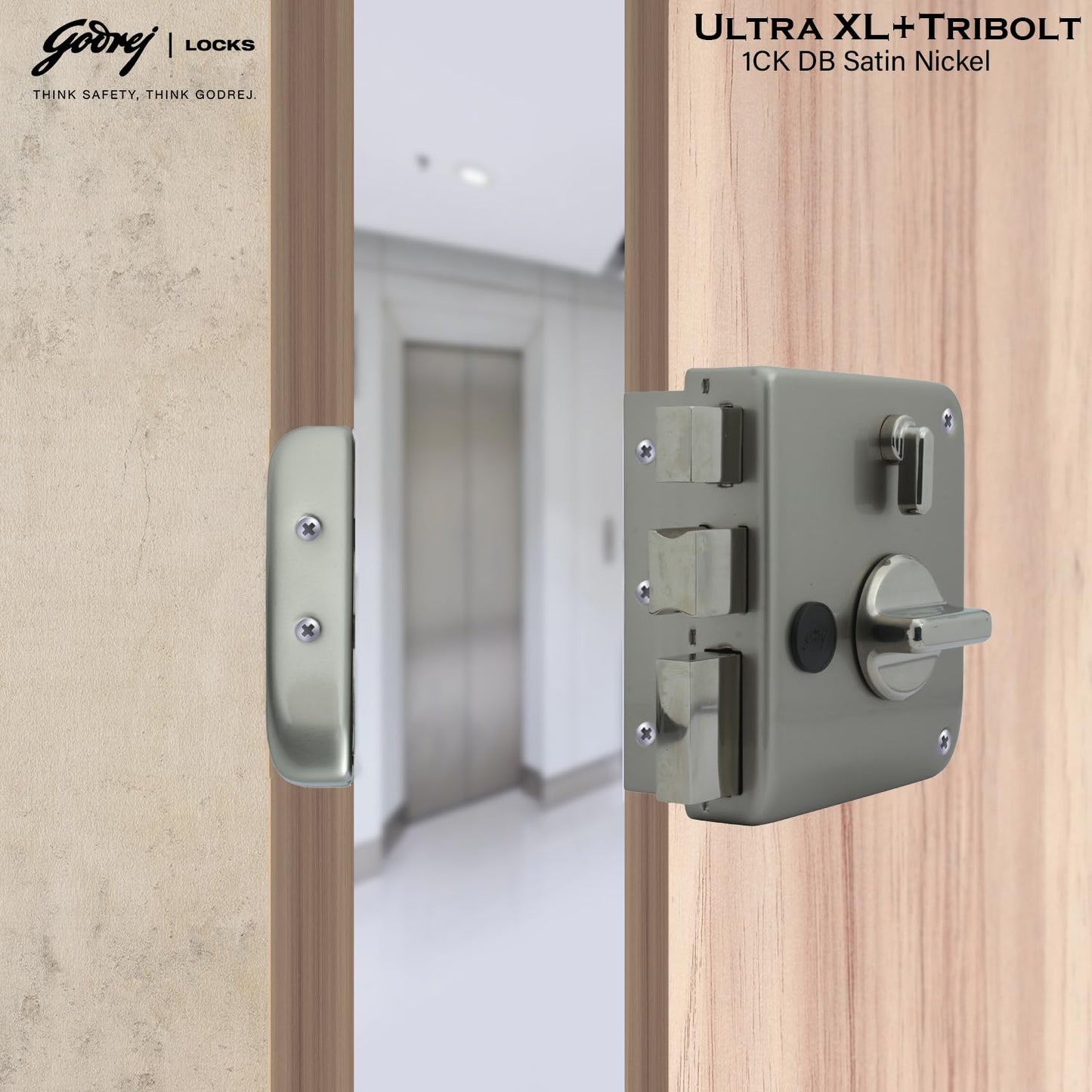 Godrej Main Door Rim Lock Ultra XL+ Tribolt 1CK DB Satin Nickel Finish Code 6088
