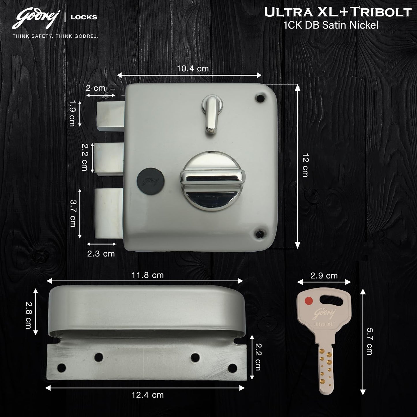 Godrej Main Door Rim Lock Ultra XL+ Tribolt 1CK DB Satin Nickel Finish Code 6088