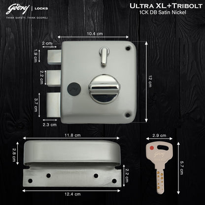 Godrej Main Door Rim Lock Ultra XL+ Tribolt 1CK DB Satin Nickel Finish Code 6088