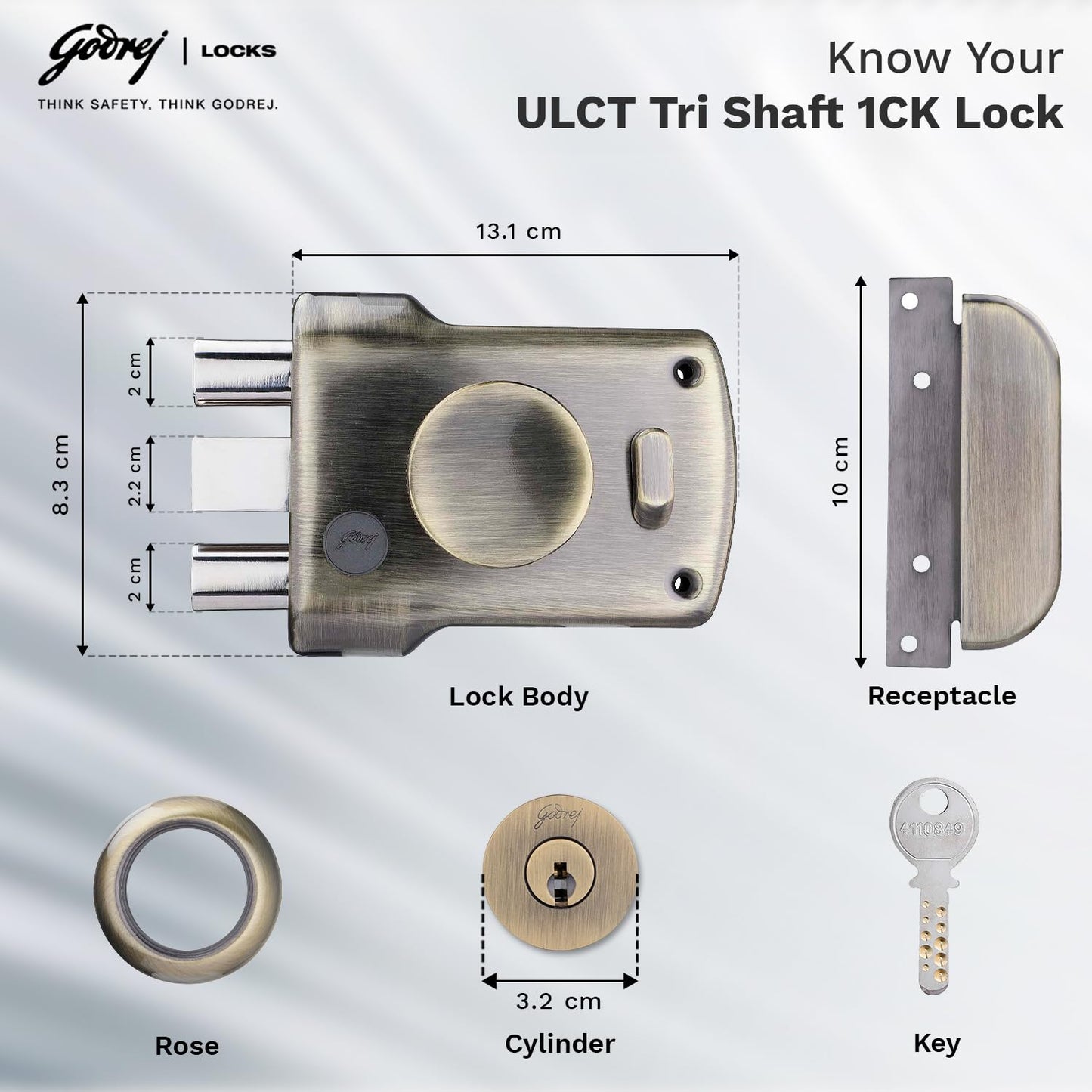Godrej Main Door Rim Lock ULCT Trio Shaft 1CK LS Antique Finish Code 5123