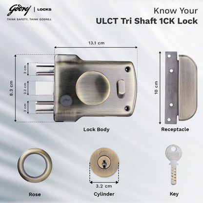 Godrej Main Door Rim Lock ULCT Trio Shaft 1CK LS Antique Finish Code 5123