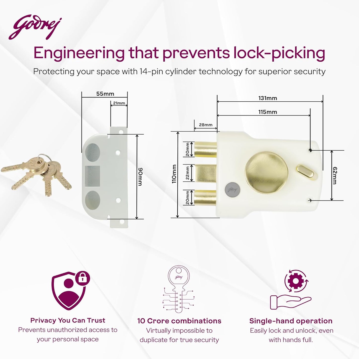 Godrej Main Door Rim Lock Trishaft 1CK Deadbolt Cool Ivory Finish Code 9148