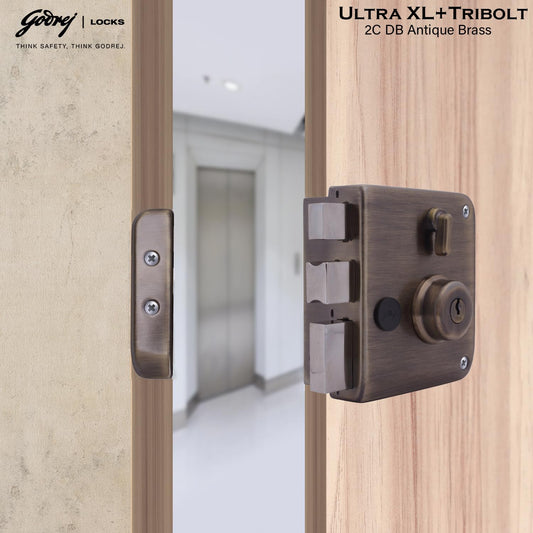 Godrej Main Door Rim Lock Ultra XL+ Tribolt 2C DB Antique Brass Finish Code 6091
