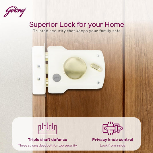 Godrej Main Door Rim Lock Trishaft 1CK Deadbolt Cool Ivory Finish Code 9148