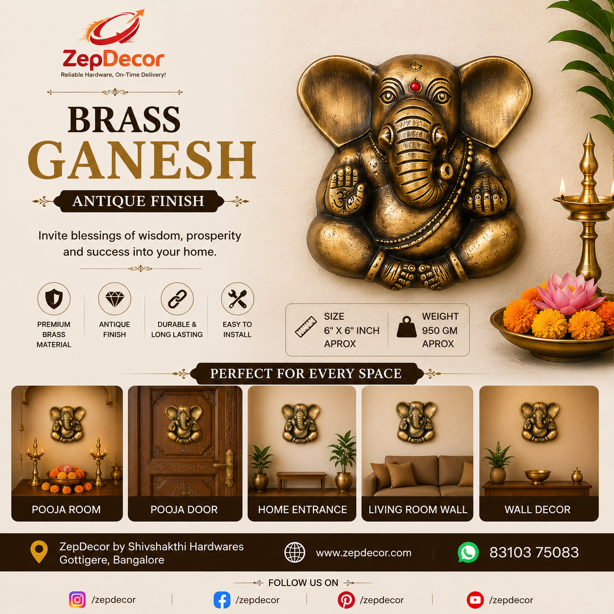 Brass Ganesh Wall Decor Antique Finish HR