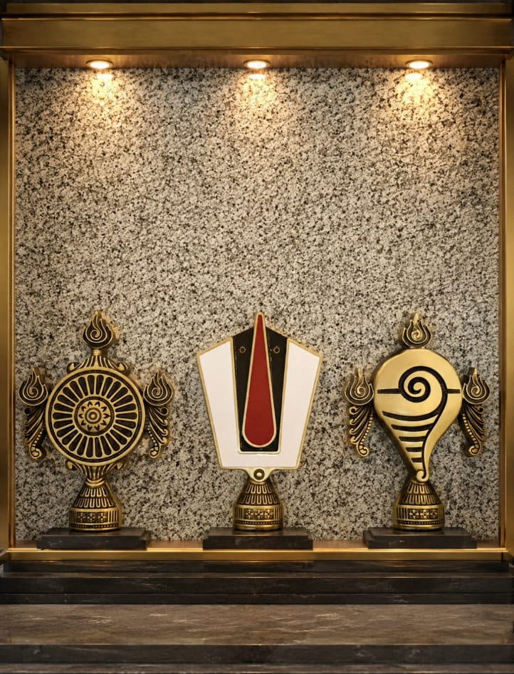 Brass Tirupati Tilak Chakra Shankha 3D Combo set 250mm Coffee Antique Finish PP
