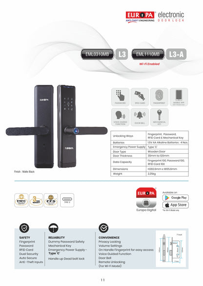Europa Electronic Door Lock Model L3A Lock Code EML1110MB Matt Black