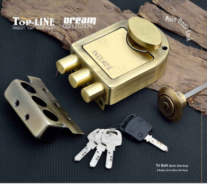Main Door Lock Tribolt Antique Finish 3 Dead Bullet Ultra With LED Key Topline