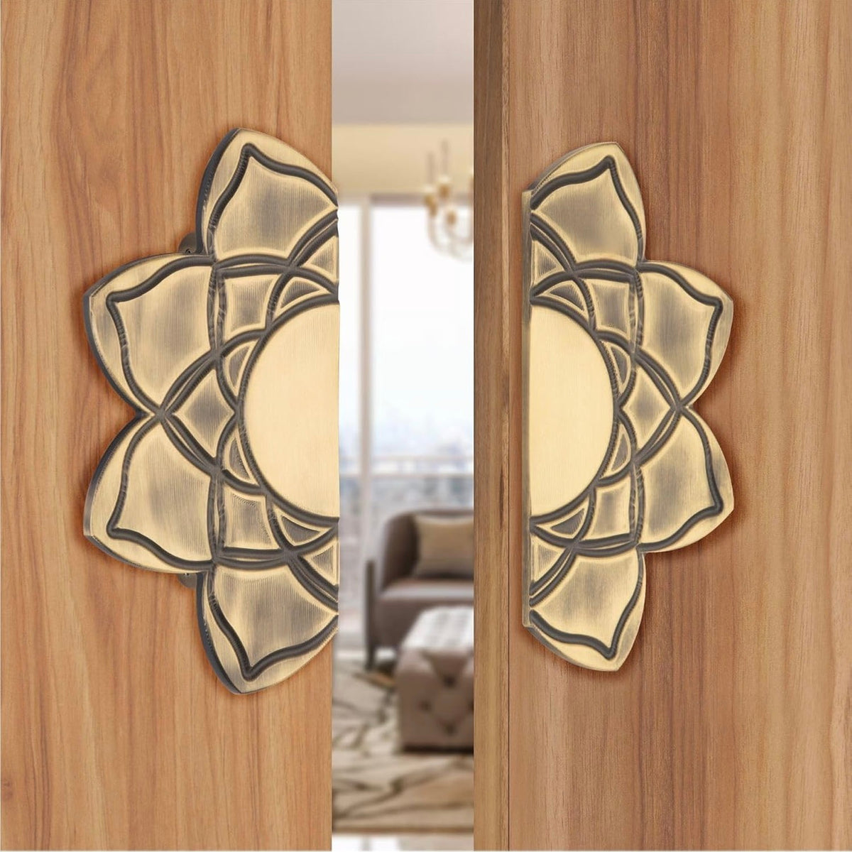 Double Door Handle Star 6" Set Brass Material Antique Finish PP