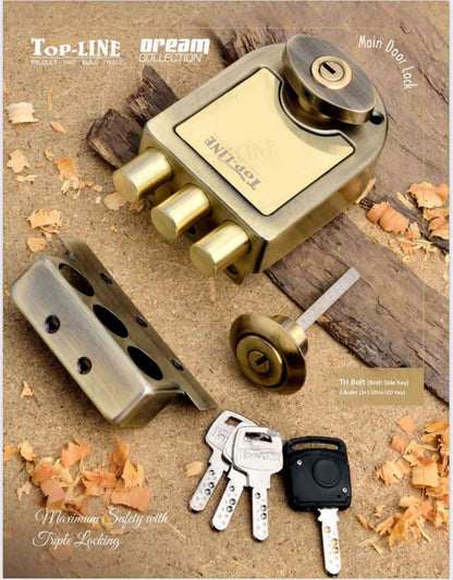 Main Door Lock Tribolt Antique Finish 3 Dead Bullet Ultra With LED Key Topline