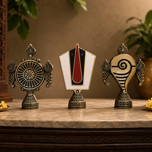 Brass Tirupati Tilak Chakra Shankha 3D Combo set 250mm Coffee Antique Finish PP