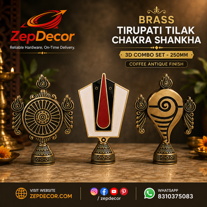 Brass Tirupati Tilak Chakra Shankha 3D Combo set 250mm Coffee Antique Finish PP