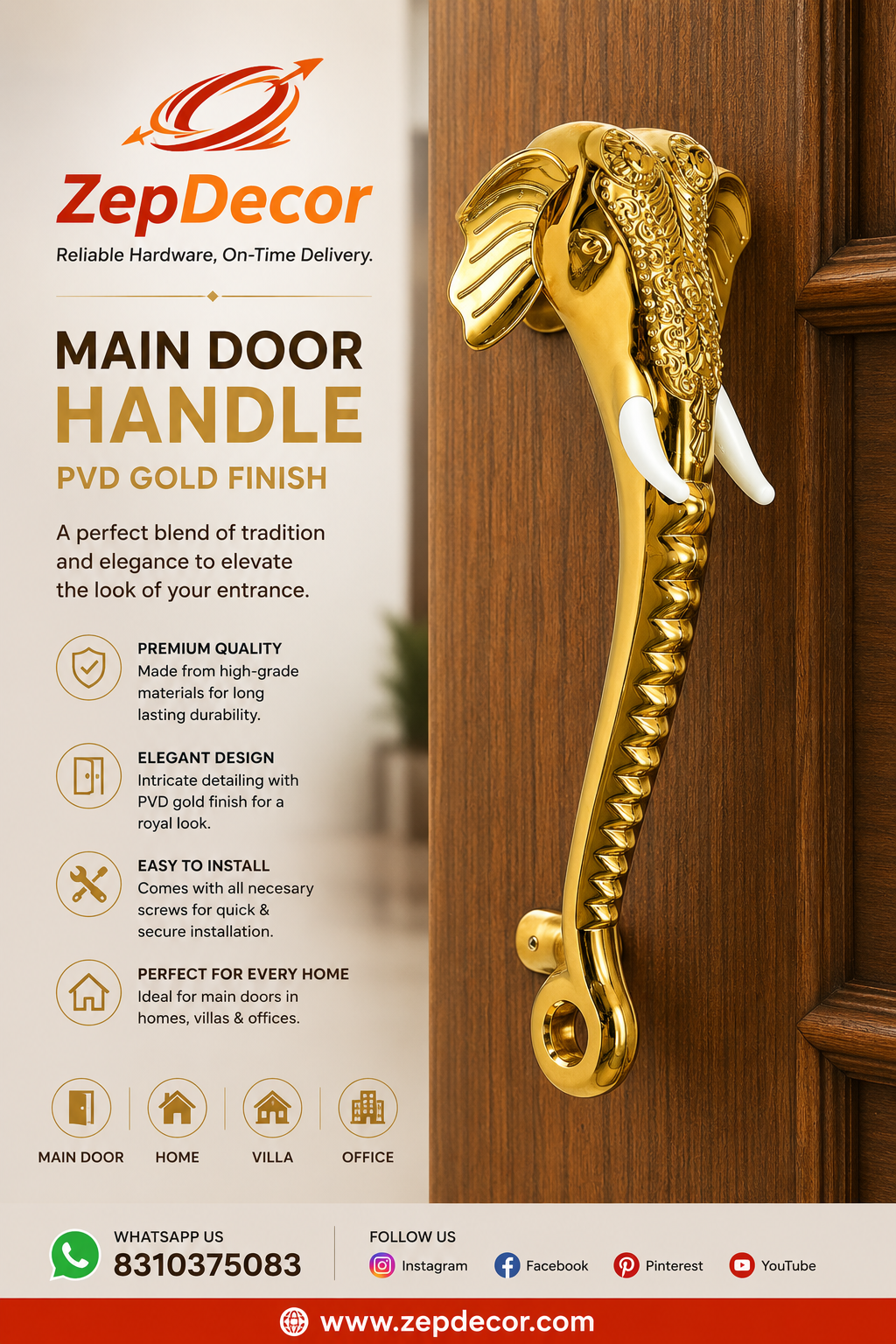 Door Handle Elephant PVD Gold 12" LXM