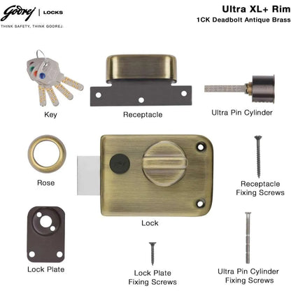 Godrej Main Door Rim Lock Ultra XL+ Rim Deadbolt 1CK Antique Brass Finish Code 2341