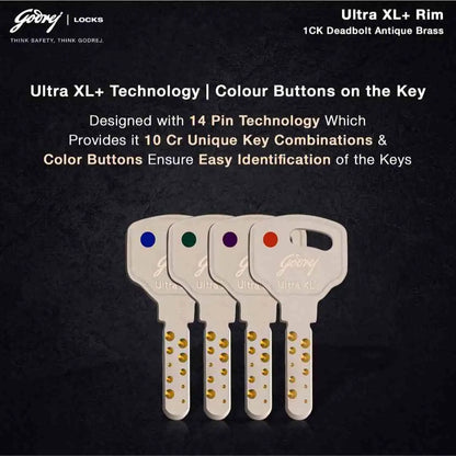 Godrej Main Door Rim Lock Ultra XL+ Rim Deadbolt 1CK Antique Brass Finish Code 2341