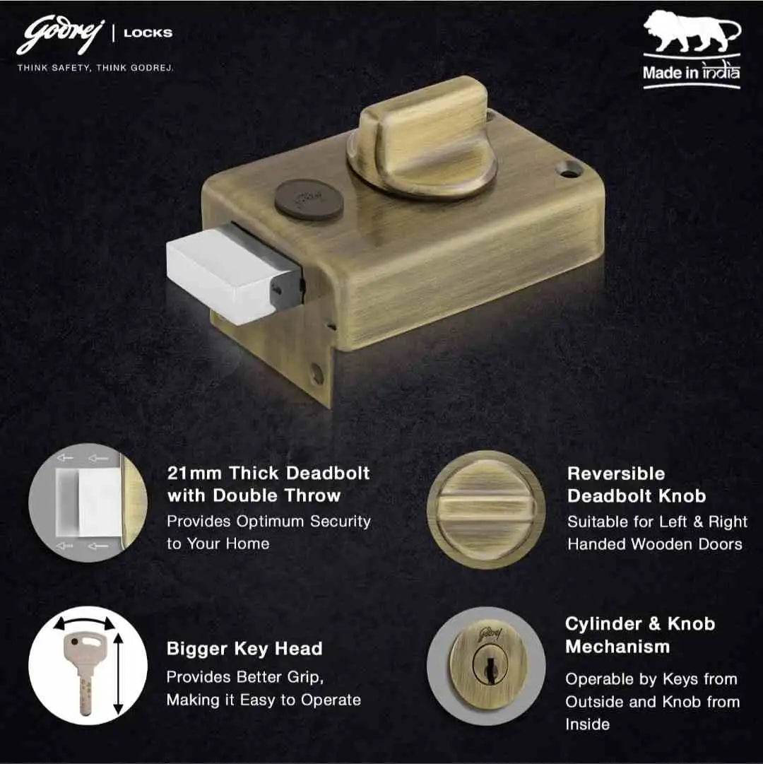 Godrej Main Door Rim Lock Ultra XL+ Rim Deadbolt 1CK Antique Brass Finish Code 2341