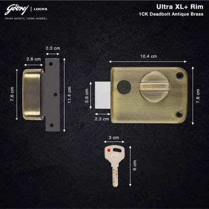 Godrej Main Door Rim Lock Ultra XL+ Rim Deadbolt 1CK Antique Brass Finish Code 2341