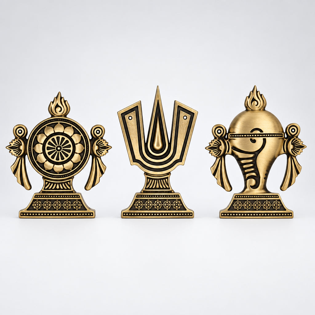 Brass Tirupati Tilak Chakra Shankha 3D Combo set Coffee Antique Finish PP