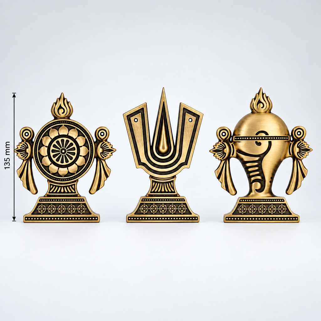 Brass Tirupati Tilak Chakra Shankha 3D Combo set Coffee Antique Finish PP